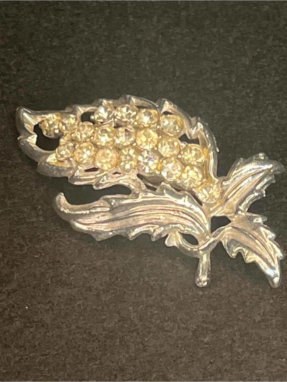 Vintage Rhinestone Floral Spray Brooch Silver Tone